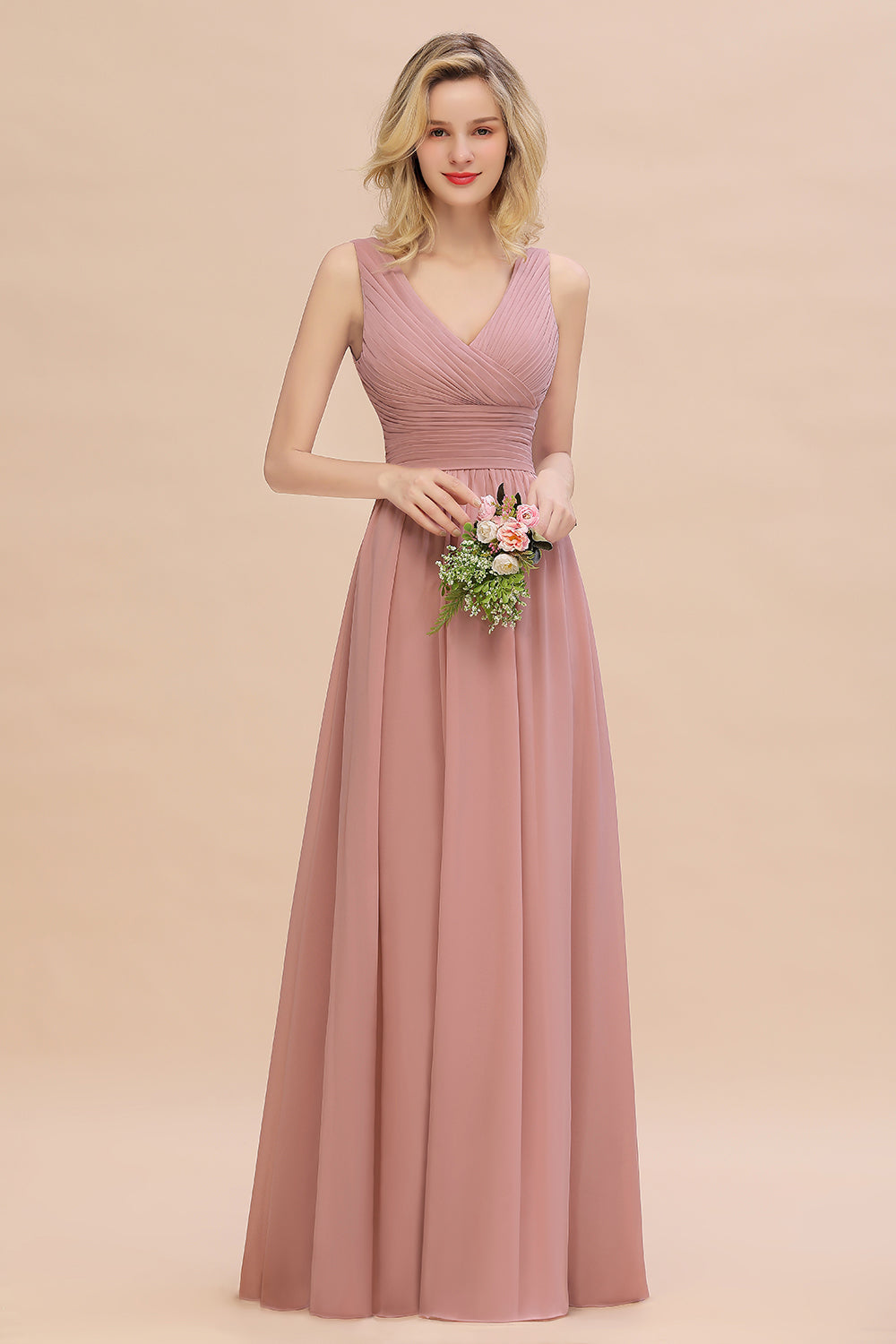 Elegant V-Neck Dusty Rose Chiffon Bridesmaid Dress with Ruffle-Babyonlines