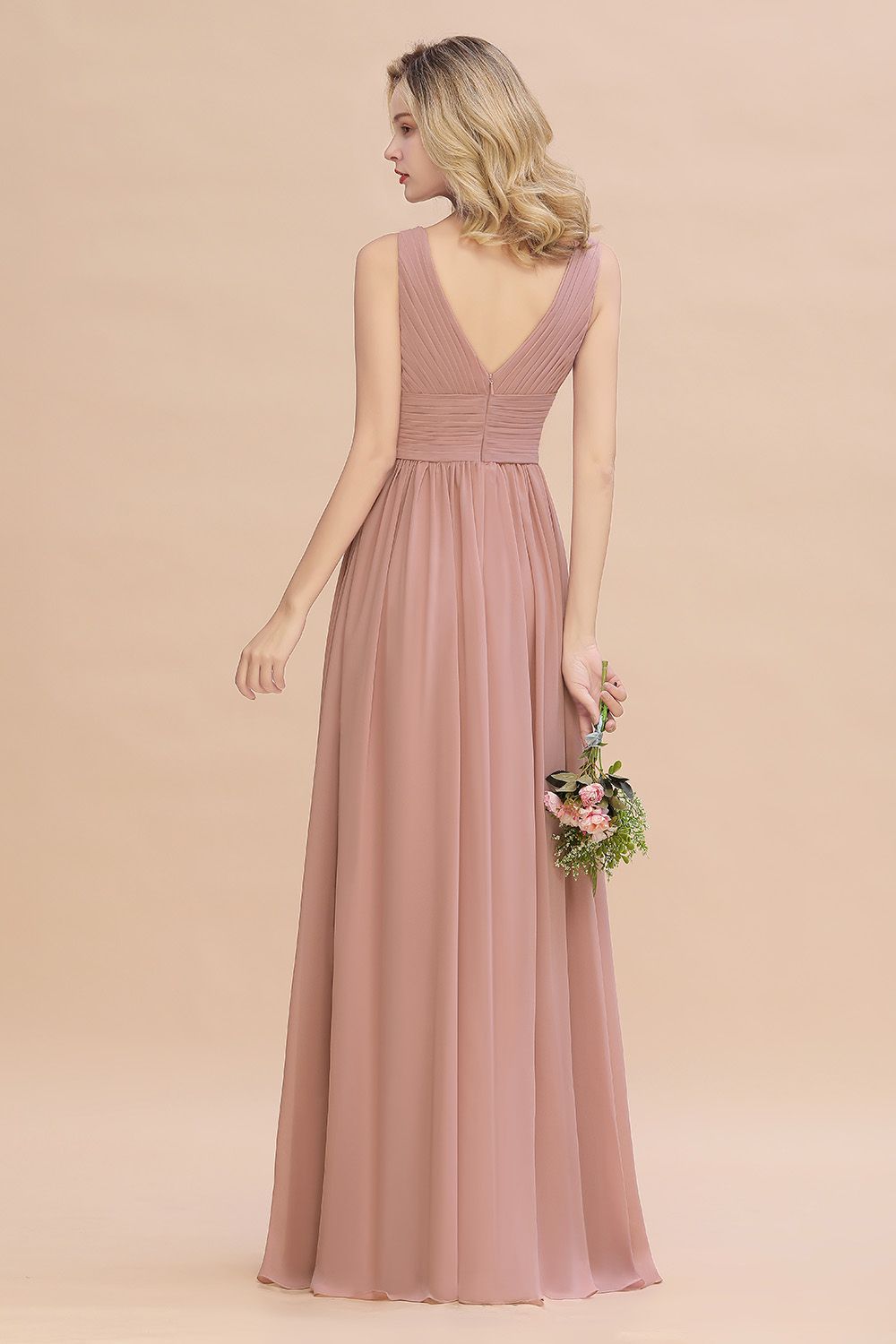 Elegant V-Neck Dusty Rose Chiffon Bridesmaid Dress with Ruffle-Babyonlines