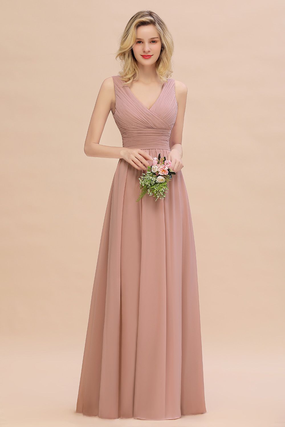 Elegant V-Neck Dusty Rose Chiffon Bridesmaid Dress with Ruffle-Babyonlines