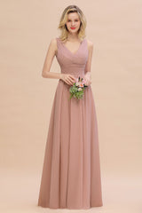 Elegant V-Neck Dusty Rose Chiffon Bridesmaid Dress with Ruffle-Babyonlines