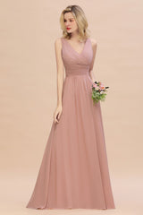 Elegant V-Neck Dusty Rose Chiffon Bridesmaid Dress with Ruffle-Babyonlines