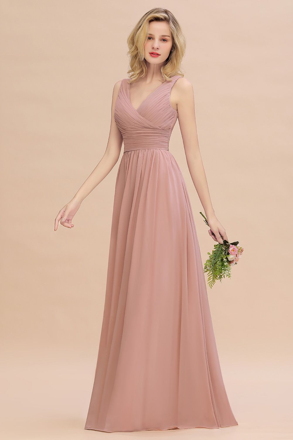 Elegant V-Neck Dusty Rose Chiffon Bridesmaid Dress with Ruffle-Babyonlines
