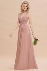 Elegant V-Neck Dusty Rose Chiffon Bridesmaid Dress with Ruffle-Babyonlines