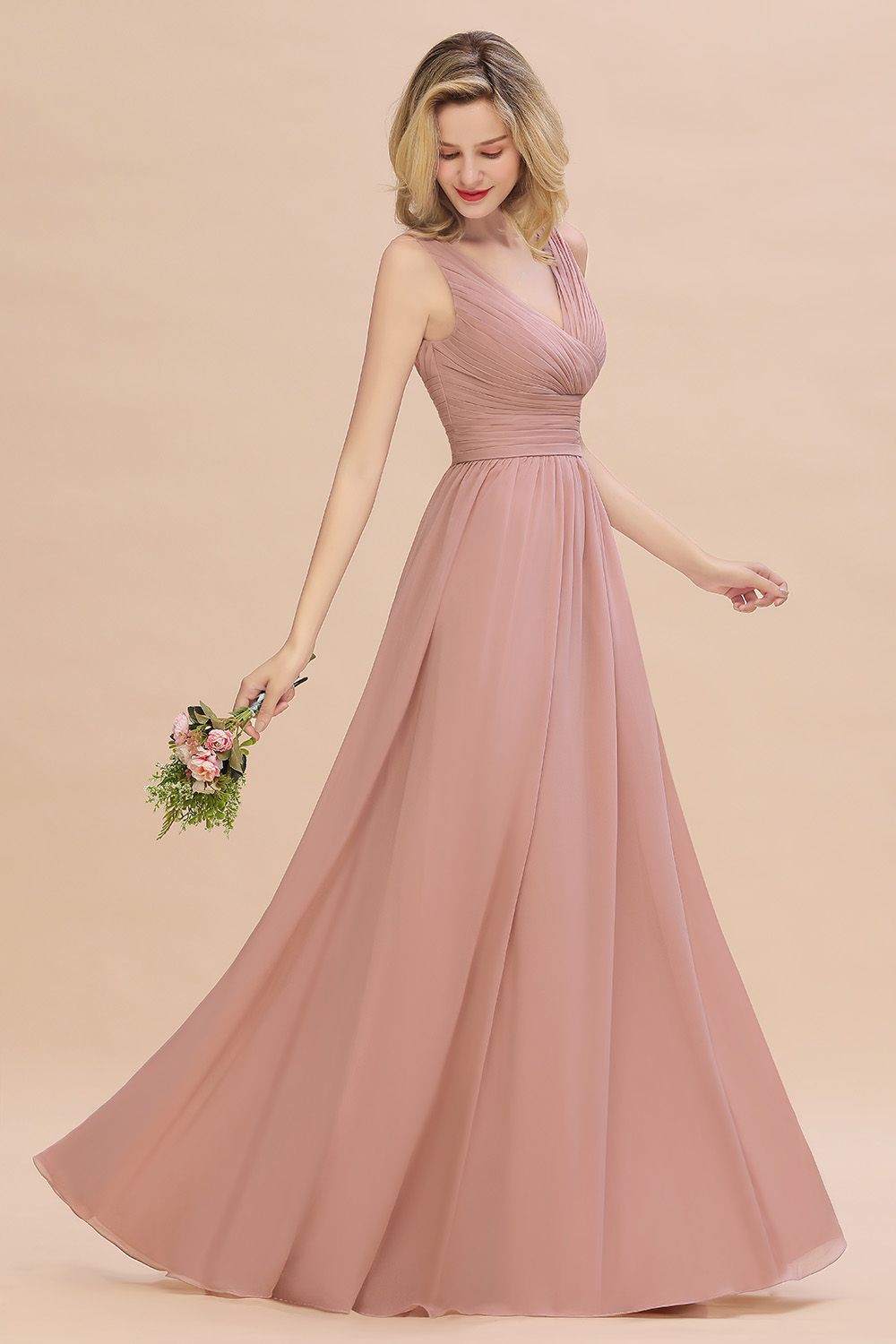 Elegant V-Neck Dusty Rose Chiffon Bridesmaid Dress with Ruffle-Babyonlines