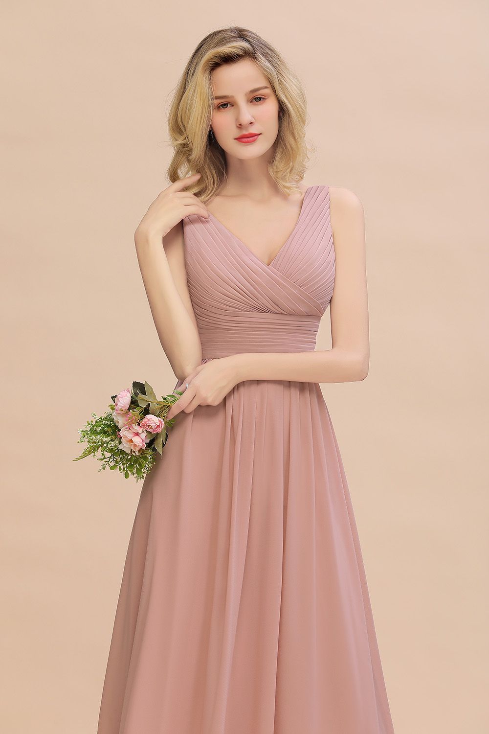 Elegant V-Neck Dusty Rose Chiffon Bridesmaid Dress with Ruffle-Babyonlines