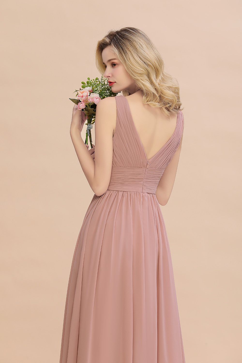 Elegant V-Neck Dusty Rose Chiffon Bridesmaid Dress with Ruffle-Babyonlines