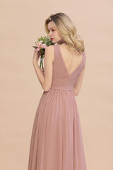 Elegant V-Neck Dusty Rose Chiffon Bridesmaid Dress with Ruffle-Babyonlines