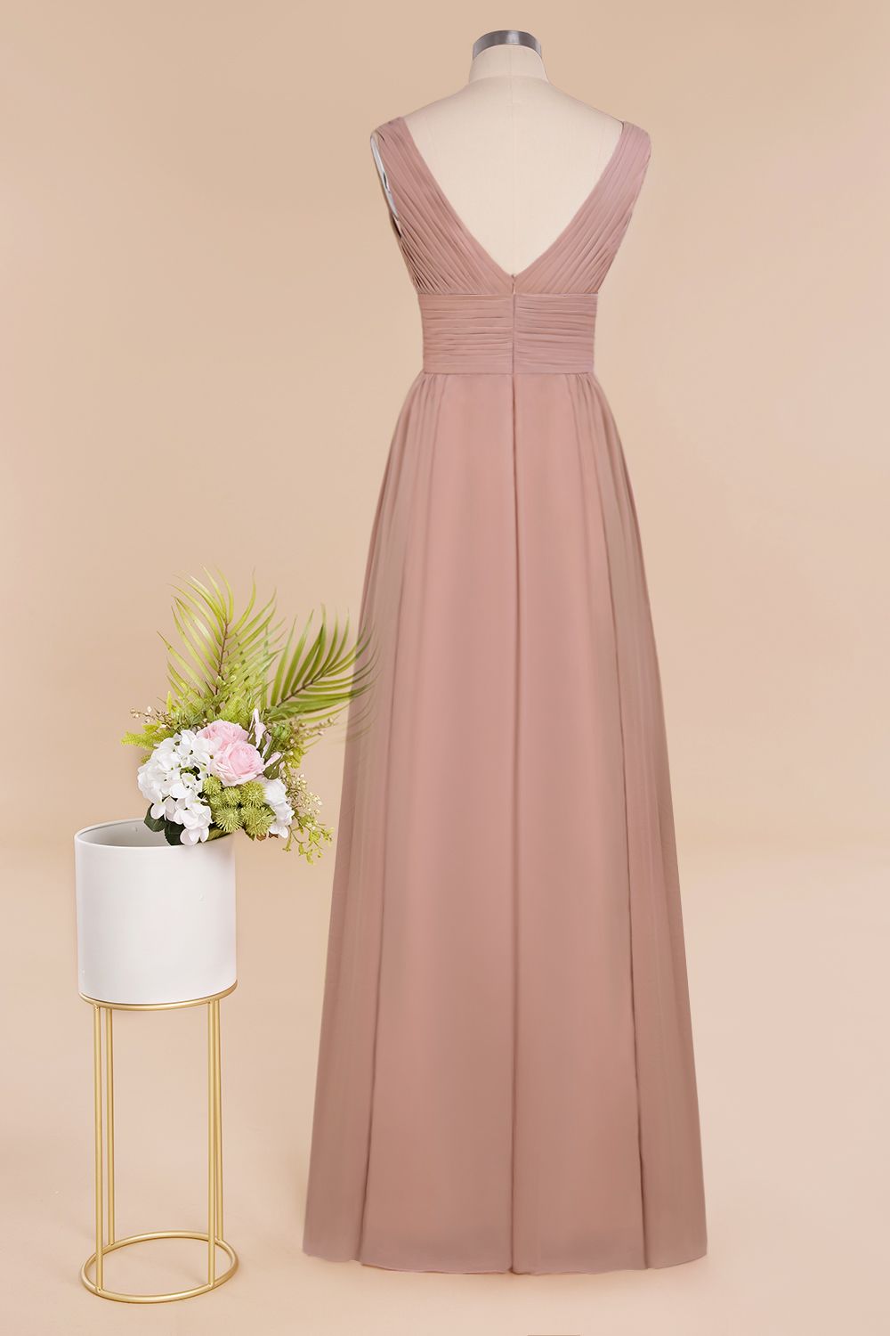Elegant V-Neck Dusty Rose Chiffon Bridesmaid Dress with Ruffle-Babyonlines