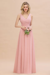 Elegant V-Neck Dusty Rose Chiffon Bridesmaid Dress with Ruffle-Babyonlines