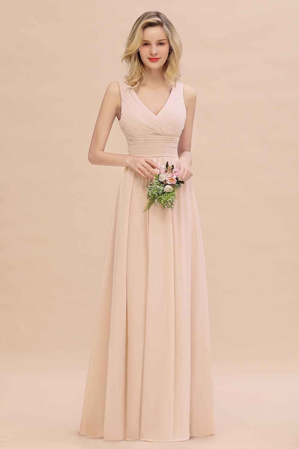 Elegant V-Neck Dusty Rose Chiffon Bridesmaid Dress with Ruffle-Babyonlines