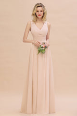 Elegant V-Neck Dusty Rose Chiffon Bridesmaid Dress with Ruffle-Babyonlines