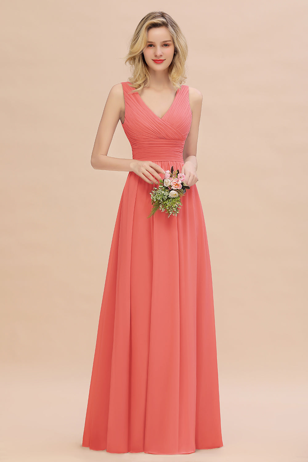 Elegant V-Neck Dusty Rose Chiffon Bridesmaid Dress with Ruffle-Babyonlines