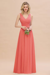 Elegant V-Neck Dusty Rose Chiffon Bridesmaid Dress with Ruffle-Babyonlines
