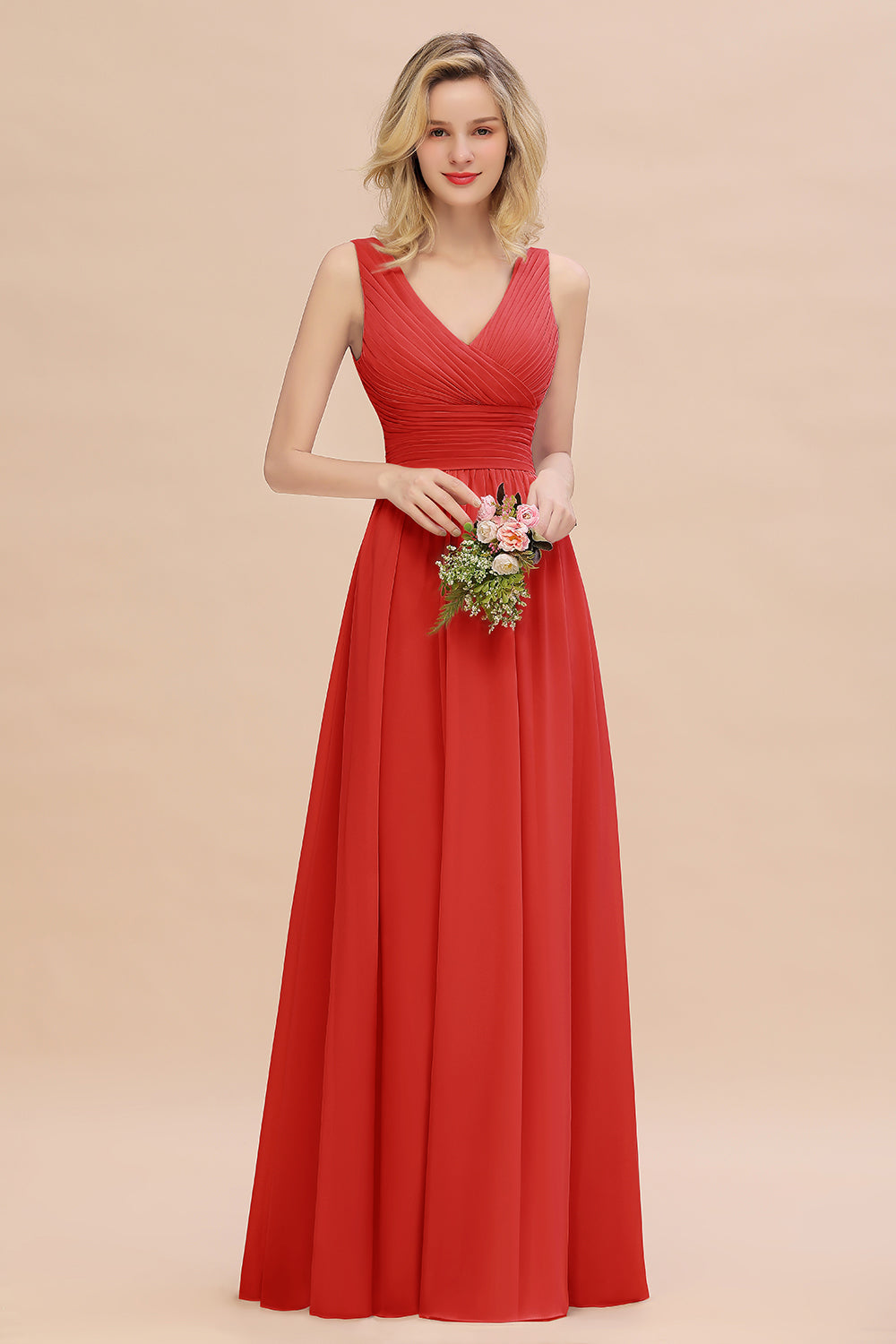 Elegant V-Neck Dusty Rose Chiffon Bridesmaid Dress with Ruffle-Babyonlines