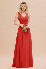 Elegant V-Neck Dusty Rose Chiffon Bridesmaid Dress with Ruffle-Babyonlines