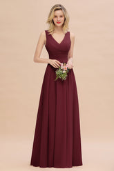 Elegant V-Neck Dusty Rose Chiffon Bridesmaid Dress with Ruffle-Babyonlines