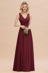 Elegant V-Neck Dusty Rose Chiffon Bridesmaid Dress with Ruffle-Babyonlines