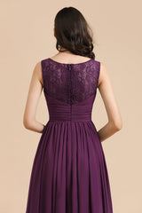 Elegant V-Neck Ruffle A-line Chiffon Lace Bridesmaid Dresses-Babyonlines