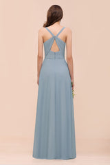Elegant V-Neck Ruffle Dusty Blue Chiffon Bridesmaid Dresses Online-Babyonlines