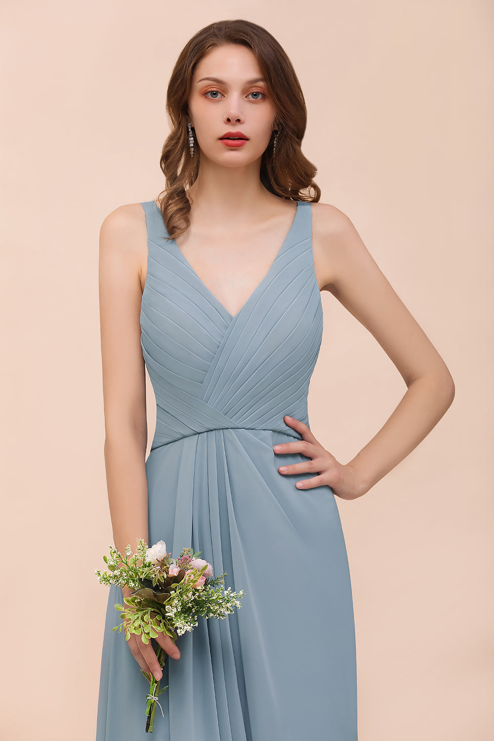 Elegant V-Neck Ruffle Dusty Blue Chiffon Bridesmaid Dresses Online-Babyonlines