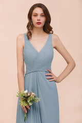 Elegant V-Neck Ruffle Dusty Blue Chiffon Bridesmaid Dresses Online-Babyonlines