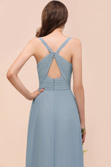Elegant V-Neck Ruffle Dusty Blue Chiffon Bridesmaid Dresses Online-Babyonlines
