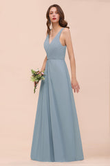 Elegant V-Neck Ruffle Dusty Blue Chiffon Bridesmaid Dresses Online-Babyonlines