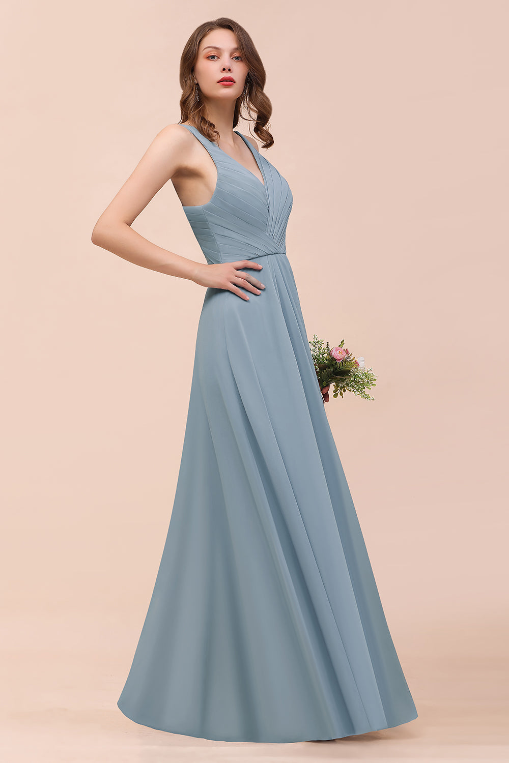 Elegant V-Neck Ruffle Dusty Blue Chiffon Bridesmaid Dresses Online-Babyonlines