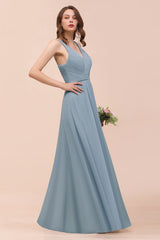 Elegant V-Neck Ruffle Dusty Blue Chiffon Bridesmaid Dresses Online-Babyonlines
