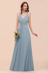 Elegant V-Neck Ruffle Dusty Blue Chiffon Bridesmaid Dresses Online-Babyonlines