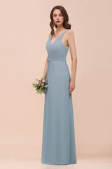 Elegant V-Neck Ruffle Dusty Blue Chiffon Bridesmaid Dresses Online-Babyonlines