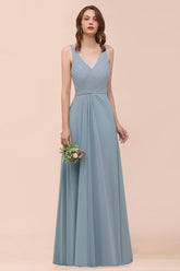 Elegant V-Neck Ruffle Dusty Blue Chiffon Bridesmaid Dresses Online-Babyonlines