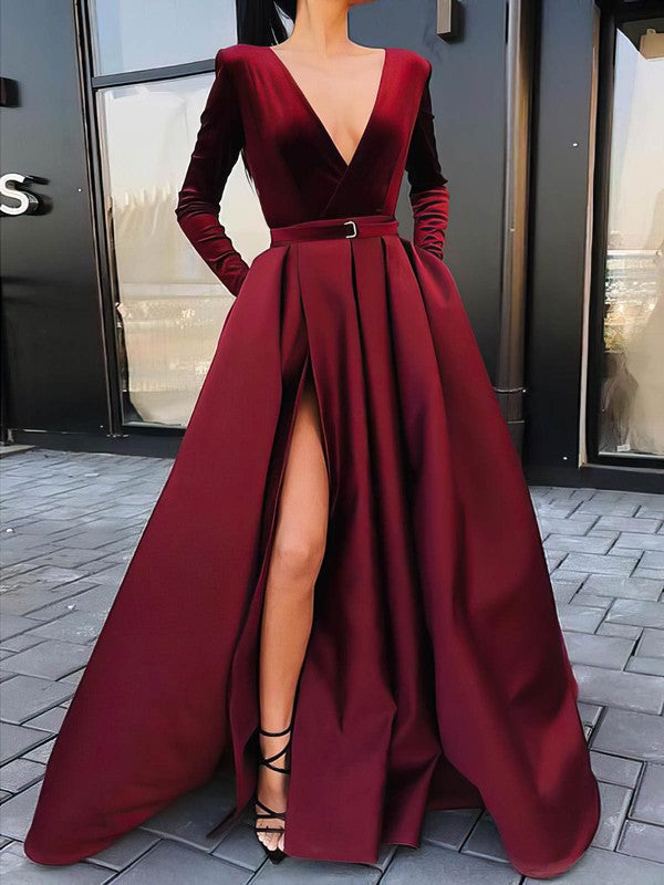 Elegant V-Neck Satin Velvet Long Sleeves Ball Gown/Princess Prom Dresses with Sashes/Ribbons