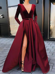 Elegant V-Neck Satin Velvet Long Sleeves Ball Gown/Princess Prom Dresses with Sashes/Ribbons