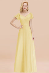 Elegent Short-Sleeve Long Bridesmaid Dress Online Yellow Chiffon Wedding Party Dress-Babyonlines