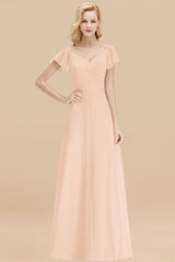 Elegent Short-Sleeve Long Bridesmaid Dress Online Yellow Chiffon Wedding Party Dress-Babyonlines