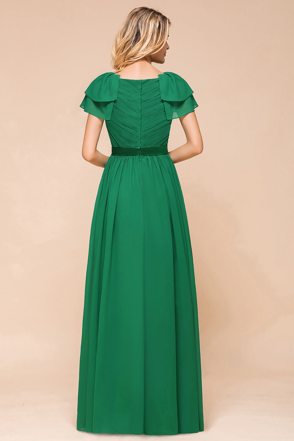 Emerald Short Sleeves Chiffon Ruffles Long Bridesmaid Dresses Online-Babyonlines