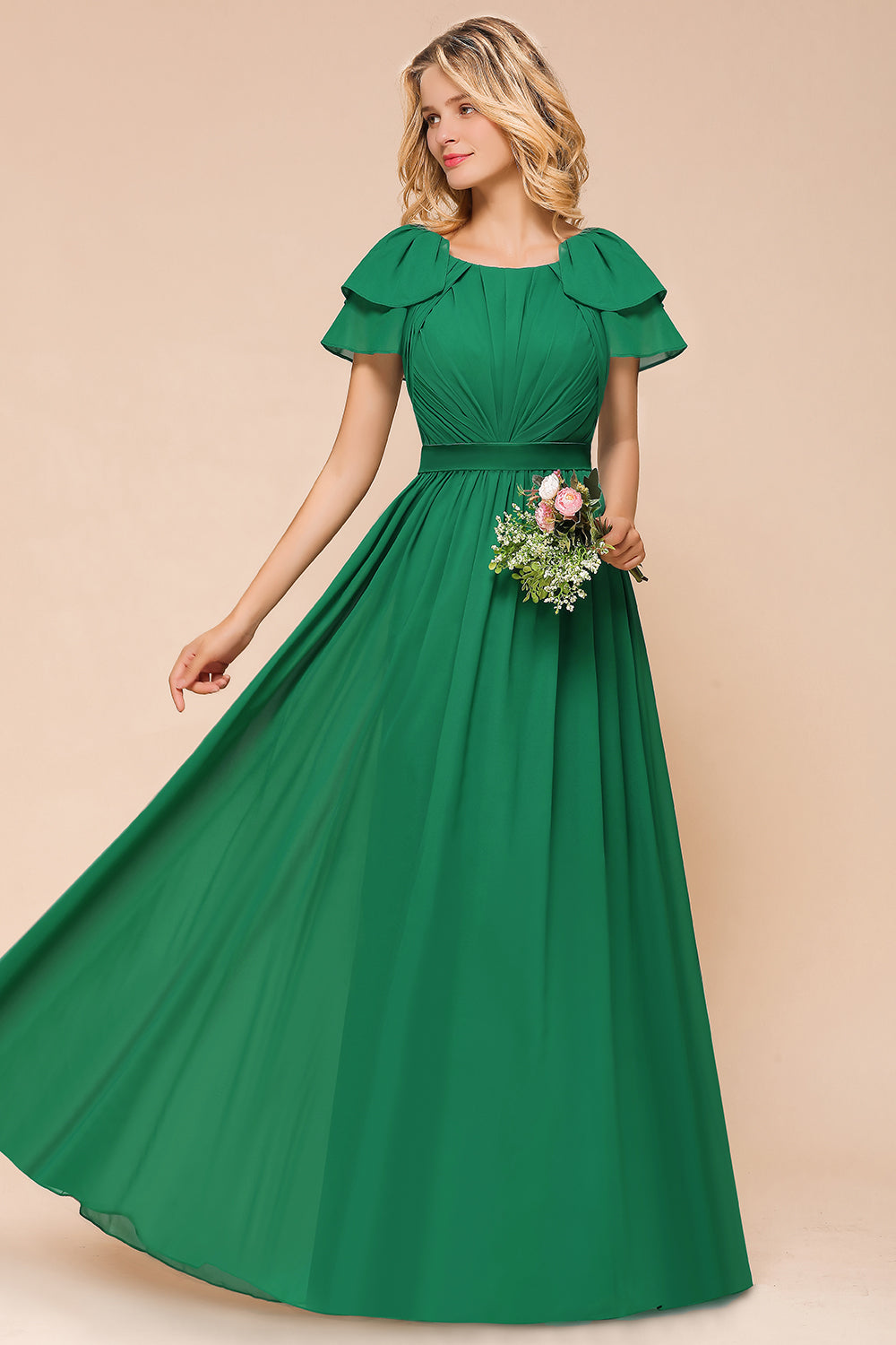 Emerald Short Sleeves Chiffon Ruffles Long Bridesmaid Dresses Online-Babyonlines