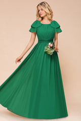 Emerald Short Sleeves Chiffon Ruffles Long Bridesmaid Dresses Online-Babyonlines