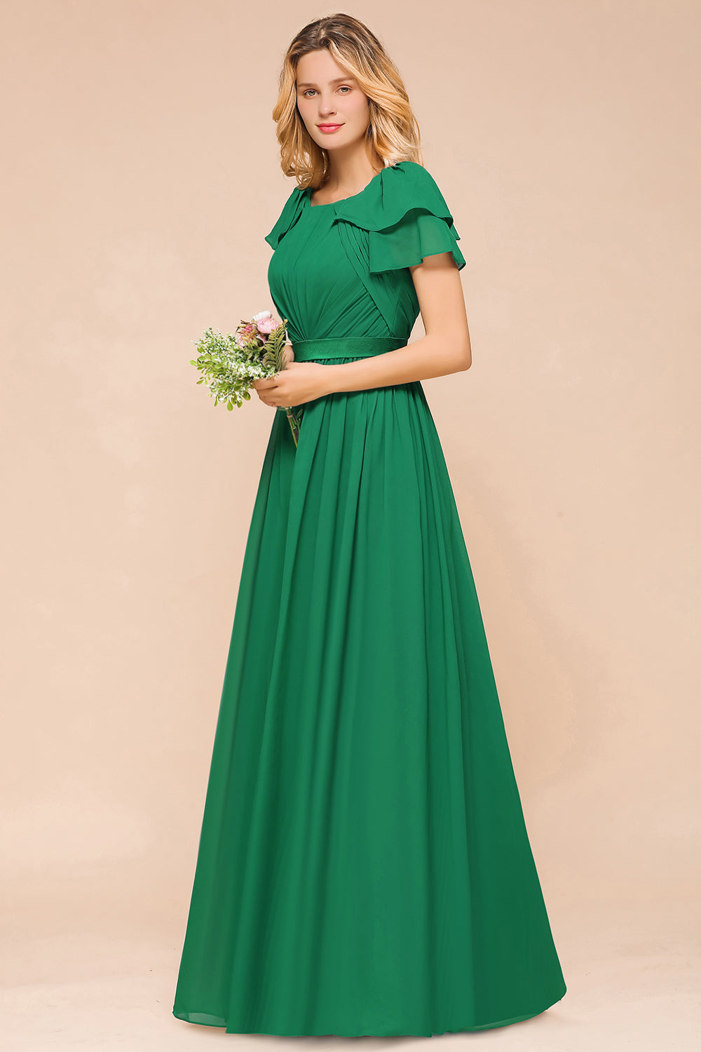 Emerald Short Sleeves Chiffon Ruffles Long Bridesmaid Dresses Online-Babyonlines