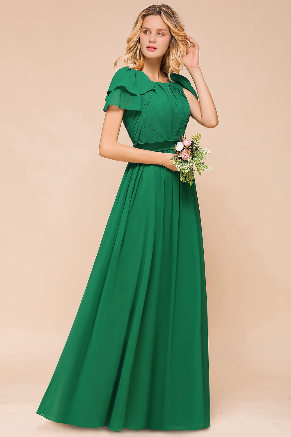 Emerald Short Sleeves Chiffon Ruffles Long Bridesmaid Dresses Online-Babyonlines