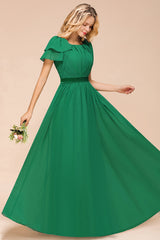 Emerald Short Sleeves Chiffon Ruffles Long Bridesmaid Dresses Online-Babyonlines