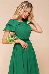 Emerald Short Sleeves Chiffon Ruffles Long Bridesmaid Dresses Online-Babyonlines