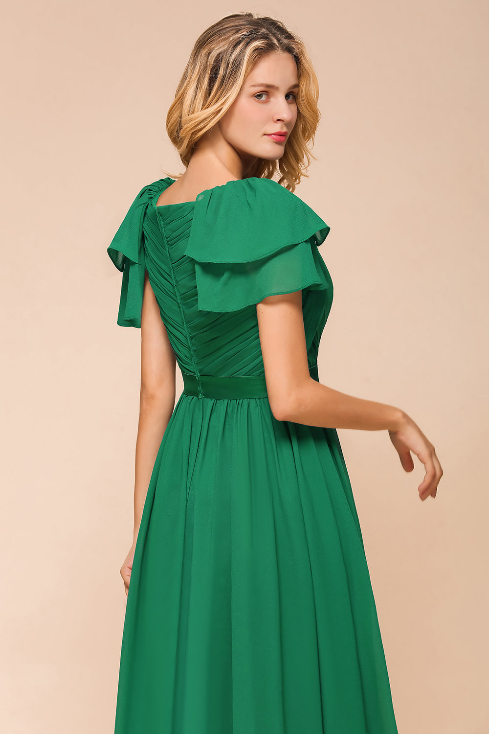 Emerald Short Sleeves Chiffon Ruffles Long Bridesmaid Dresses Online-Babyonlines