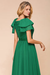 Emerald Short Sleeves Chiffon Ruffles Long Bridesmaid Dresses Online-Babyonlines