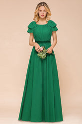 Emerald Short Sleeves Chiffon Ruffles Long Bridesmaid Dresses Online-Babyonlines