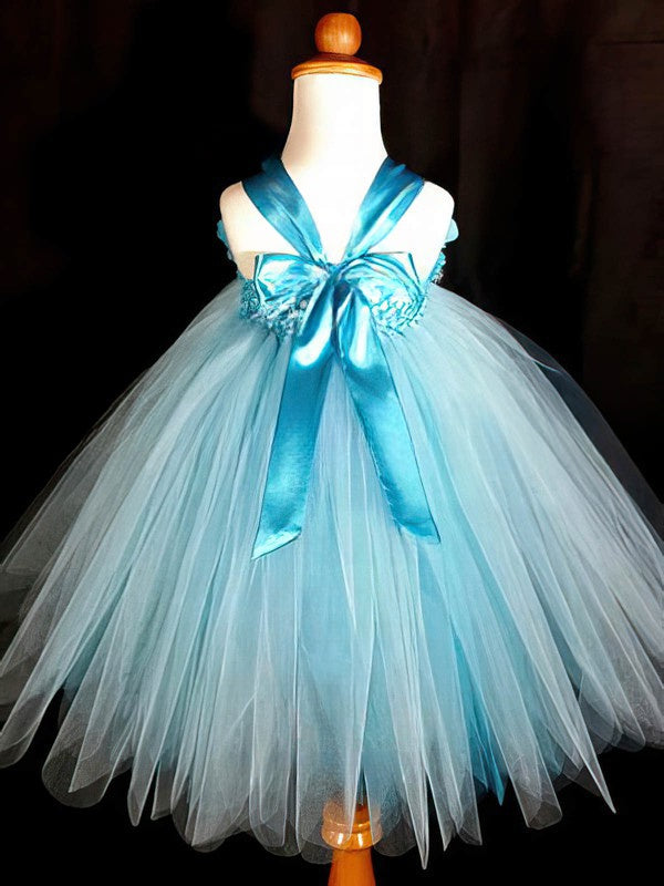 Empire Halter Tulle Flower Girl Dresses with Sashes & Ribbons