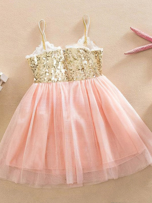 Exclusive A-line V-neck Tulle Sequins Knee-length Flower Girl Dress