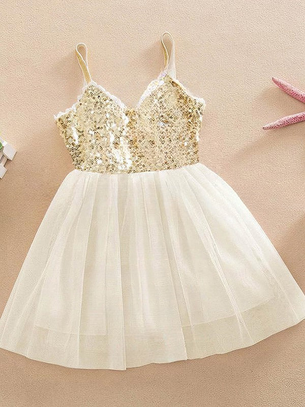 Exclusive A-line V-neck Tulle Sequins Knee-length Flower Girl Dress