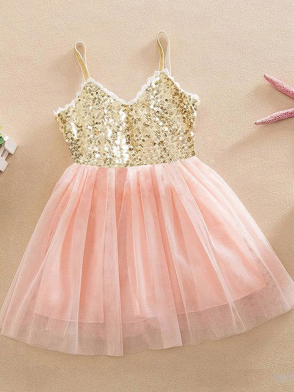 Exclusive A-line V-neck Tulle Sequins Knee-length Flower Girl Dress